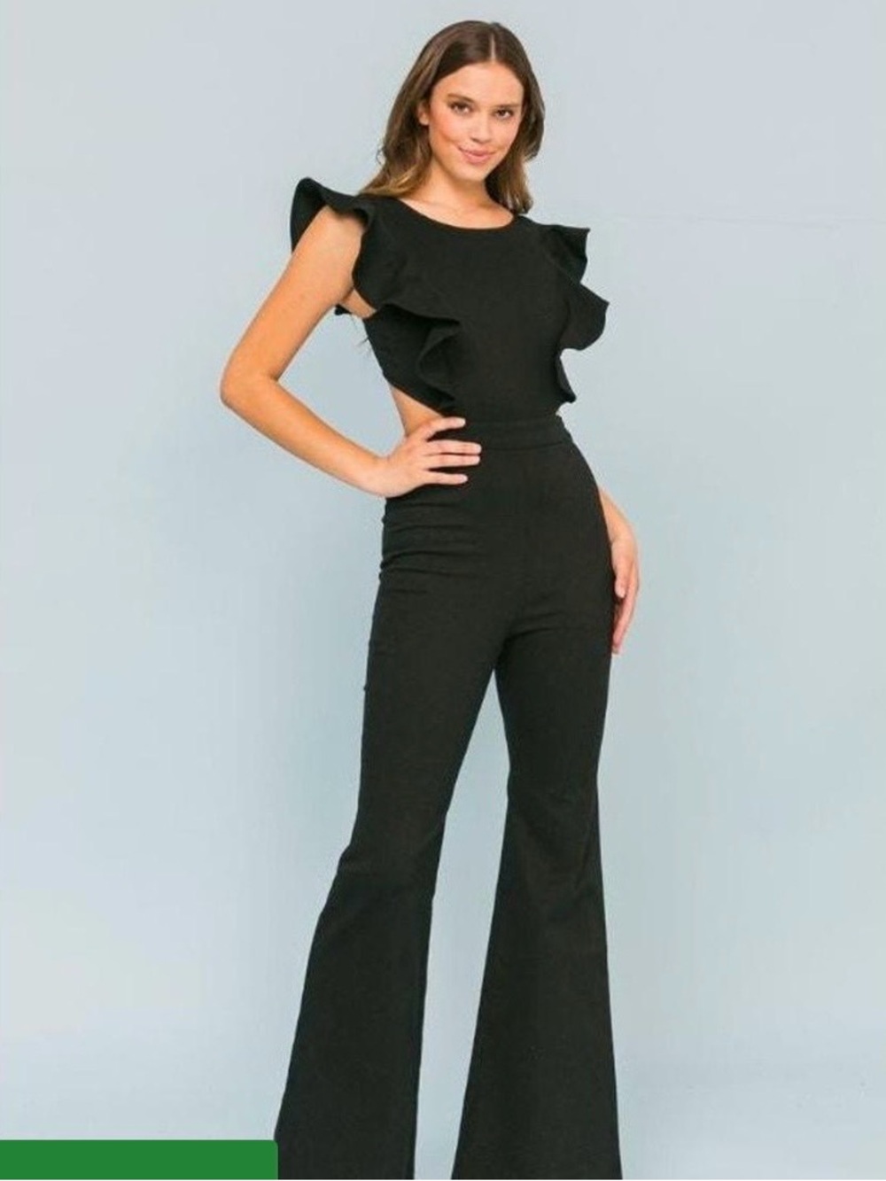Elegant Black Ruffle-Shoulder Boot-Cut Jumpsuit